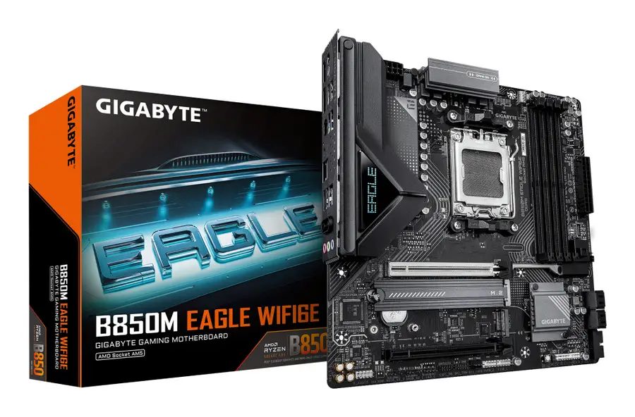 GIGABYTE B850M EAGLE WIFI6E Motherboard - AMD Ryzen 9000 Series CPUs, 8+2+2 Phases Digital VRM, up to 8200MHz DDR5 (OC), 1xPCIe 5.0 + 1xPCIe 4.0 M.2, WIFI 6E, 2.5 GbE LAN, USB 3.2 Gen 2