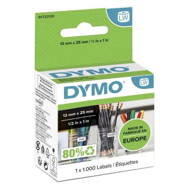 DYMO Authentic LabelWriter Small Multi-Purpose Labels | 13 mm x 25 mm | Self-Adhesive | Roll of 1000 | Easy-Peel Labels | for LabelWriter Label Makers | Made in Europe