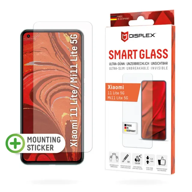 Displex Smart Glass (9H) for Xiaomi 11 Lite 5G/Mi 11 Lite 5G, Mounting Sticker, unbreakable, ultra-slim, invisible