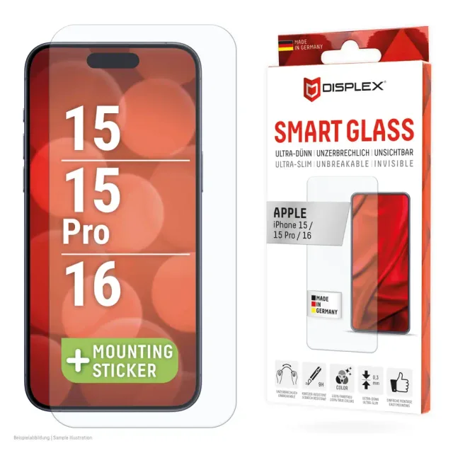 Displex Smart Glass (9H) for Apple iPhone 15/15 Pro/16, Mounting Sticker, unbreakable