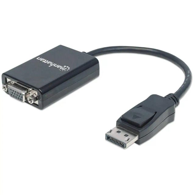 Manhattan DisplayPort to VGA HD15 Converter Cable, 15cm, Male to Female, Active, DP With Latch, Black, Lifetime Warranty, Equivalent to DP2VGA2.