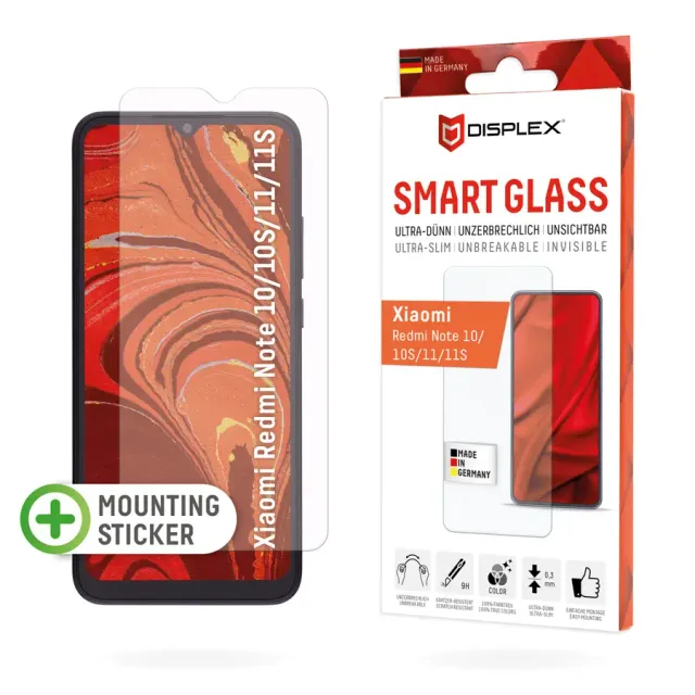 Displex Smart Glass (9H) for Xiaomi Redmi Note 10/10S/11(S), Mounting Sticker, unbreakable, ultra-slim, invisible