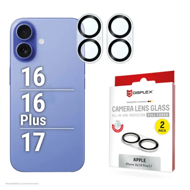 Displex Full Cover Camera Lens Glass iPhone 16/16 Plus/17, 10H, Full Camera Protector, Quick Mount, 2-Pack