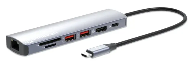 Manhattan USB-C Dock/Hub with Card Reader, Ports (x5): Ethernet, HDMI, USB-A (x2) and USB-C, with Power Delivery (PD) 100W- requires external USB-C charger (not included). USB powered (no external power supply required) when PD is not in use
