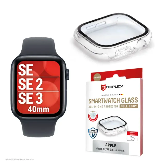 Displex 10H Tempered Glass for Apple Watch SE3/SE2/SE (40mm), Full Body Case, IP68, Snap-On, transparent