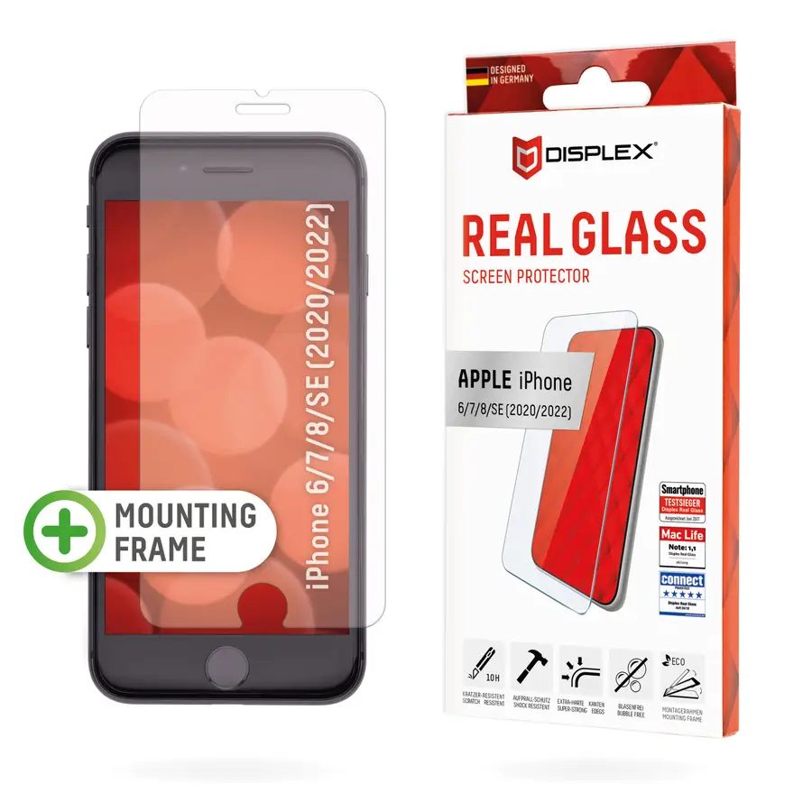 Displex Screen Protector (10H) for Apple iPhone 6/7/8/SE (2020/2022), Eco Mounting Frame, Tempered Glass, scratch resistant protective film, case friendly