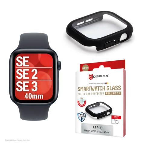 Displex 10H Tempered Glass for Apple Watch SE3/SE2/SE (40mm), Full Body Case, IP68, Snap-On, black frosted