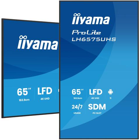 iiyama LH6575UHS-B2AG Signage Display Digital signage flat panel 163.8 cm (64.5") LCD Wi-Fi 500 cd/m² 4K Ultra HD Black Built-in processor Android 11 24/7