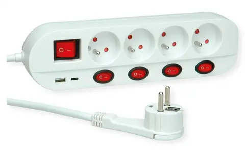 ROLINE 4-Fach Steckdosenleiste Mit Schalter, UTE Version, USB-Charger A C, 1,5 M