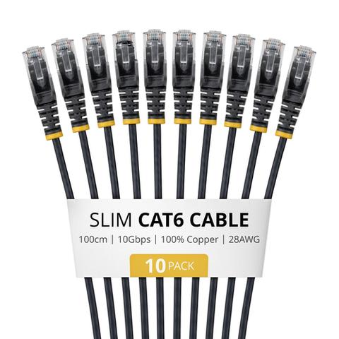 STARTECH.COM 1m Black Slim CAT6 Cable 10 Pack Snagless 100W PoE UTP LSZH 28AWG Pure Bare Copper Wire Slim RJ45 Network Patch Cord