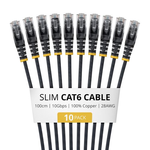 STARTECH.COM 1m Black Slim CAT6 Cable 10 Pack Snagless 100W PoE UTP LSZH 28AWG Pure Bare Copper Wire Slim RJ45 Network Patch Cord