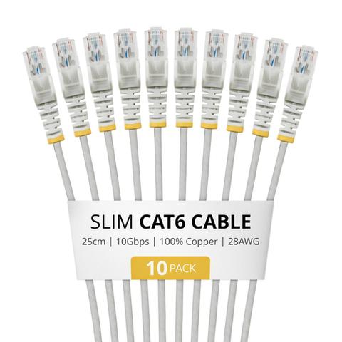 STARTECH.COM 25cm Gray Slim CAT6 Cable 10 Pack Snagless 100W PoE UTP LSZH 28AWG Pure Bare Copper Wire Slim RJ45 Network Patch Cord