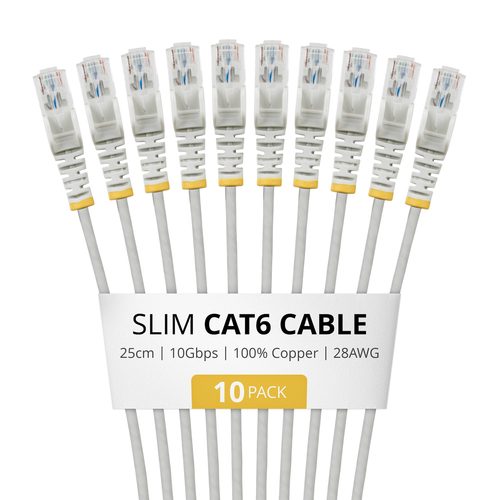 STARTECH.COM 25cm Gray Slim CAT6 Cable 10 Pack Snagless 100W PoE UTP LSZH 28AWG Pure Bare Copper Wire Slim RJ45 Network Patch Cord