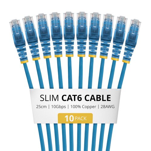 STARTECH.COM 25cm Blue Slim CAT6 Cable 10 Pack Snagless 100W PoE UTP LSZH 28AWG Pure Bare Copper Wire Slim RJ45 Network Patch Cord