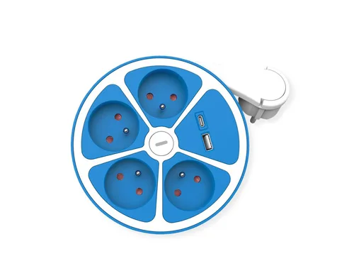 ROLINE 4-Fach Steckdosenleiste Mit Schalter, Rund, UTE Version, USB-Charger A C, Blau, 1,5 M