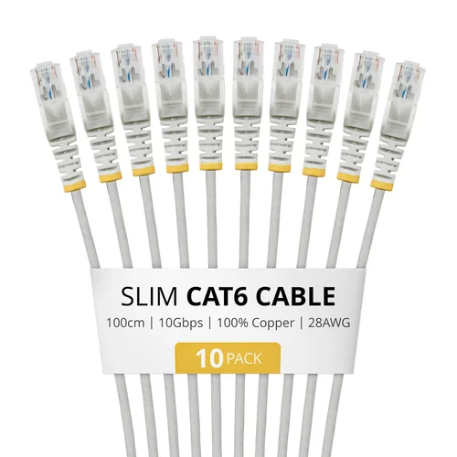 STARTECH.COM 1m Gray Slim CAT6 Cable 10 Pack Snagless 100W PoE UTP LSZH 28AWG Pure Bare Copper Wire Slim RJ45 Network Patch Cord
