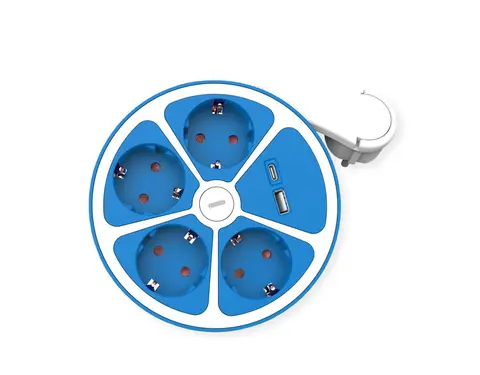 ROLINE 4-Fach Steckdosenleiste Mit Schalter, Rund, USB-Charger A C, Blau, 3 M