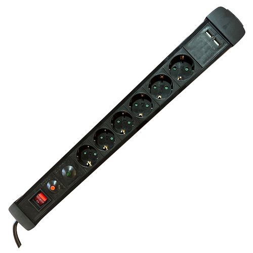 6-Socket Power Strip, 1.5m Cable, 2U, Black