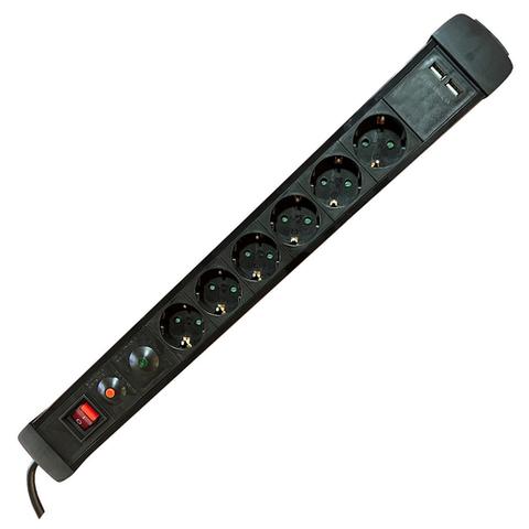 6-Socket Power Strip, 1.5m Cable, 2U, Black