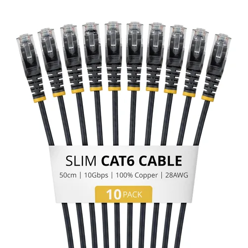 STARTECH.COM 50cm Black Slim CAT6 Cable 10 Pack Snagless 100W PoE UTP LSZH 28AWG Pure Bare Copper Wire Slim RJ45 Network Patch Cord