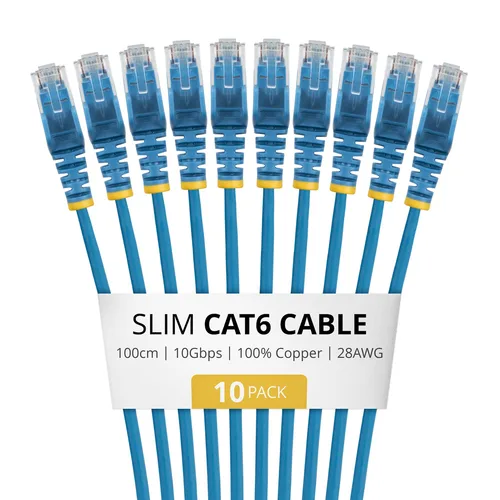 STARTECH.COM 1m Blue Slim CAT6 Cable 10 Pack Snagless 100W PoE UTP LSZH 28AWG Pure Bare Copper Wire Slim RJ45 Network Patch Cord