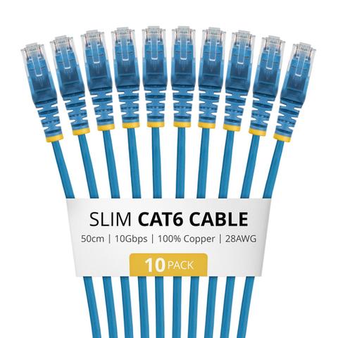 STARTECH.COM 50cm Blue Slim CAT6 Cable 10 Pack Snagless 100W PoE UTP LSZH 28AWG Pure Bare Copper Wire Slim RJ45 Network Patch Cord