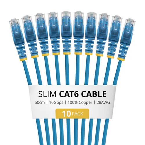 STARTECH.COM 50cm Blue Slim CAT6 Cable 10 Pack Snagless 100W PoE UTP LSZH 28AWG Pure Bare Copper Wire Slim RJ45 Network Patch Cord