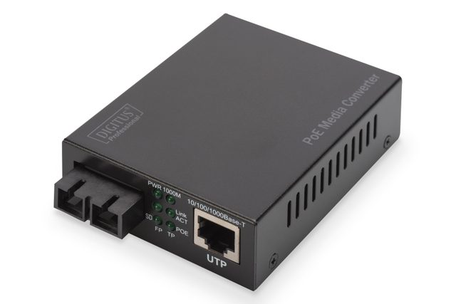 Gigabit PoE media converter, RJ45 / SC, SM, PSE