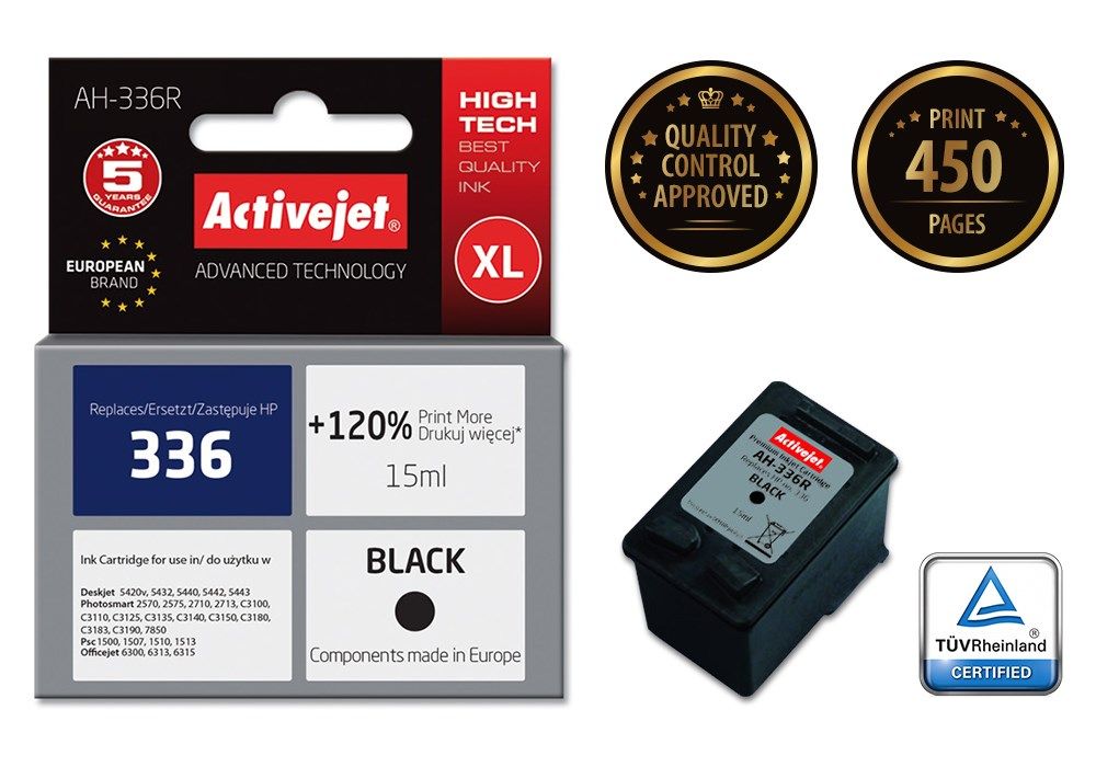 Activejet AH-336R ink for HP printer, HP 336 C9362EE replacement; Premium; 15 ml; black