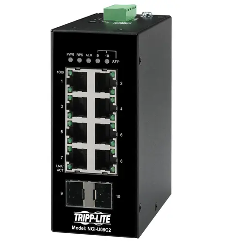 Tripp Lite NGI-U08C2 8-Port Unmanaged Industrial Gigabit Ethernet Switch - 10/100/1000 Mbps, 2 GbE SFP Slots, -40° to 75°C, DIN Mount
