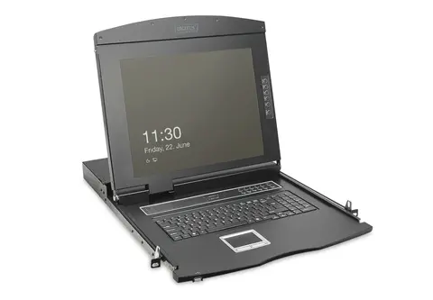 Modular HD LCD KVM console with 19" TFT, 8-port CAT5 KVM connection, touchpad, Swiss keyboard layout