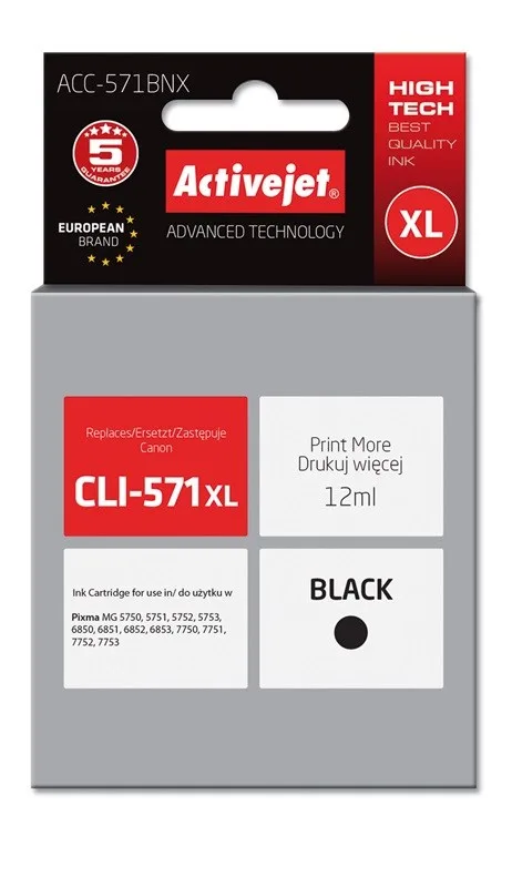 Activejet ACC-571BNX ink for Canon printer; Canon CLI-571Bk XL replacement; Supreme; 12 ml; black