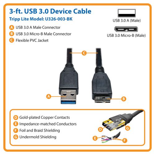 Tripp Lite U326-003-BK USB 3.0 SuperSpeed Device Cable (A to Micro-B M/M) Black, 3 ft. (0.91 m)