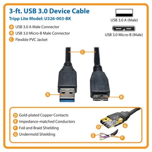Tripp Lite U326-003-BK USB 3.0 SuperSpeed Device Cable (A to Micro-B M/M) Black, 3 ft. (0.91 m)