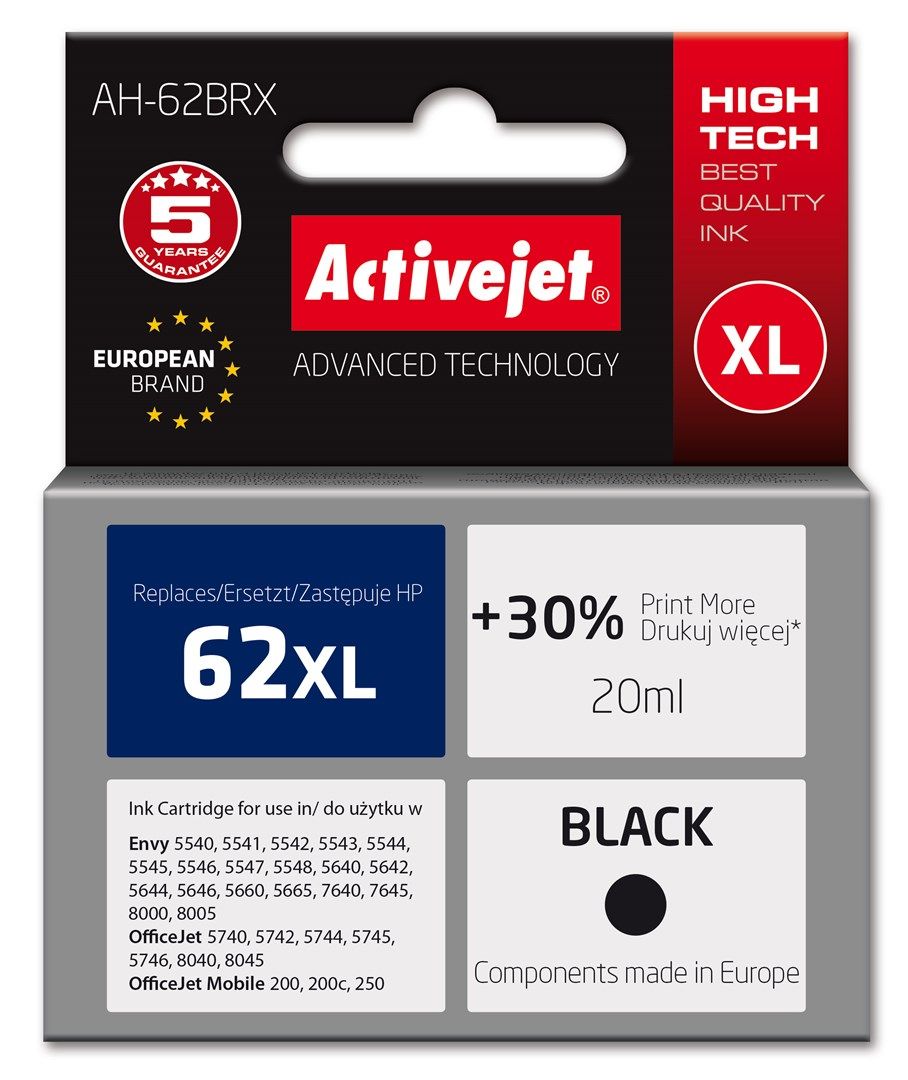 Activejet AH-62BRX ink (replacement for HP 62XL C2P05AE; Premium; 20 ml; black)
