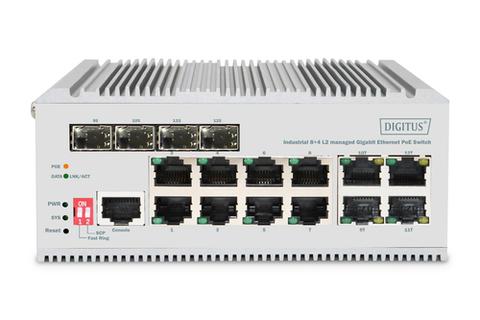 Digitus 8 port Gigabit Ethernet network PoE switch, industrial, L2 managed, 4 SFP uplink