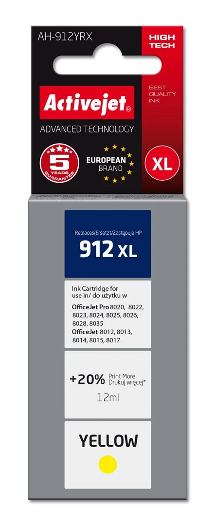 Activejet AH-912YRX ink for HP printers, Replacement HP 912XL 3YL83AE; Premium; 990 pages; yellow