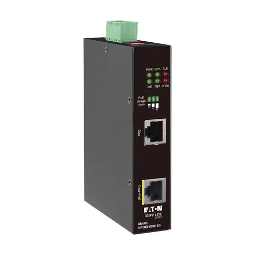 Tripp Lite NPOEI-60W-1G Industrial Gigabit Ethernet PoE injector, 60W PoE++, 802.3bt, Midspan, -40℃ to +75℃, IP30 housing, Dual 24-57VDC , DIN rail, 1 Port