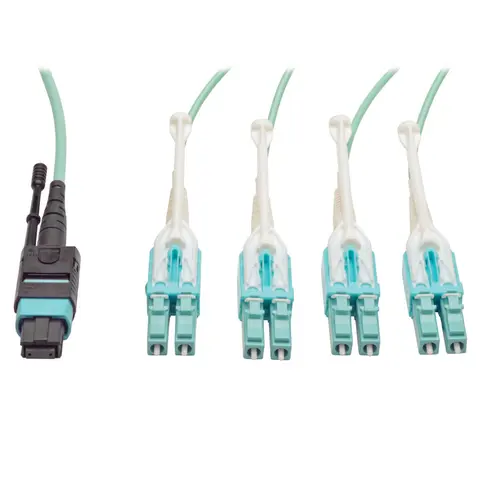 Tripp Lite N844-03M-8LC-PT MTP/MPO Fan-out Cable with Push/Pull Tab Connectors, MTP/MPO to 4xLC, 40GbE, 40GBASE-SR4,OM3 Plenum-rated - Aqua, 3M (9.84 ft.)