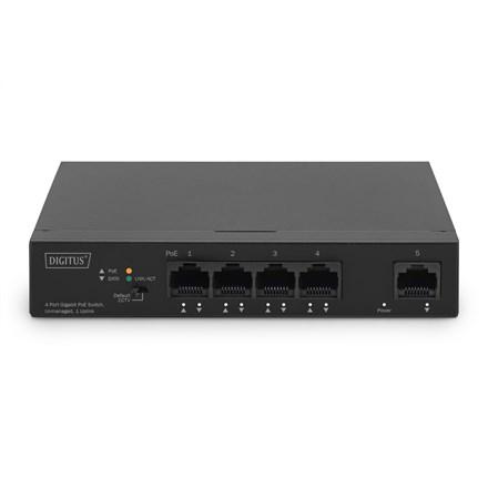 4- Port Gigabit PoE Netzwerkswitch, Desktop, unmanaged, 1 Uplink Port RJ45, 60 W, af/at