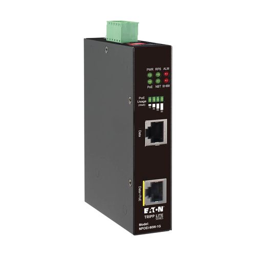 Tripp Lite NPOEI-90W-1G Industrial Gigabit Ethernet PoE injector, 90W PoE++, 802.3bt, Midspan, -40℃ to +75℃, IP30 housing, Dual 24-57VDC , DIN rail, 1 Port