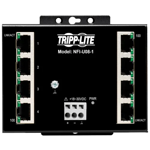 Tripp Lite NFI-U08-1 8-Port Unmanaged Fast Industrial Ethernet Switch - 10/100 Mbps, Ruggedized, -40° to 75°C, DIN/Wall Mount