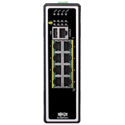 Tripp Lite NGI-M08POE8-L2 8-Port Managed Industrial Gigabit Ethernet Switch - Layer 2, 1 Gbps, PoE+ 30W, -40° to 75°C, DIN Mount