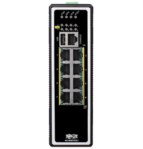 Tripp Lite NGI-M08POE8-L2 8-Port Managed Industrial Gigabit Ethernet Switch - Layer 2, 1 Gbps, PoE+ 30W, -40° to 75°C, DIN Mount