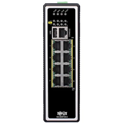 Tripp Lite NGI-M08POE8-L2 8-Port Managed Industrial Gigabit Ethernet Switch - Layer 2, 1 Gbps, PoE+ 30W, -40° to 75°C, DIN Mount