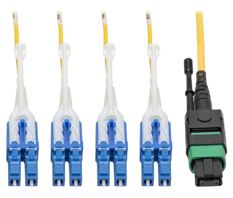 Tripp Lite N390-02M-8LC-AP MTP/MPO (APC) to 4xLC (UPC) Singlemode Breakout Patch Cable, 40/100 GbE, QSFP+ 40GBASE-PLR4, Plenum, Yellow, 2 m (6.6 ft.)