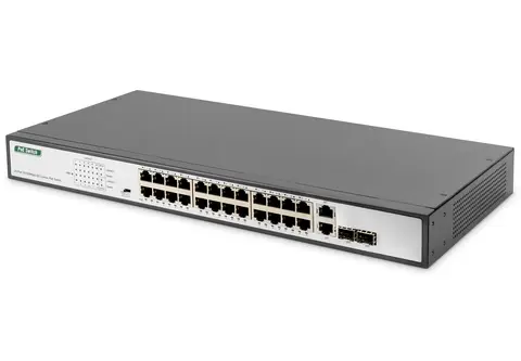 24-port Fast Ethernet PoE network switch, 19-inch, unmanaged, 2 GE uplink ports, SFP, 370 W, af/at