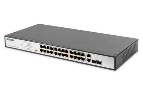 24-port Fast Ethernet PoE network switch, 19-inch, unmanaged, 2 GE uplink ports, SFP, 370 W, af/at