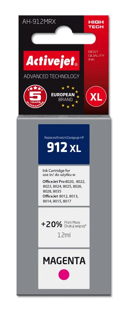 Activejet AH-912MRX ink for HP printers, Replacement HP 912XL 3YL82AE; Premium; 990 pages; purple